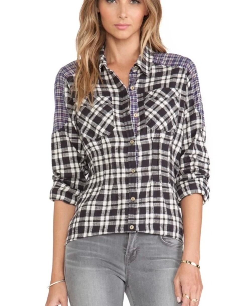 Free People Catch Up With Me Womens XS Black White Plaid Patchwork Shirt Boho
